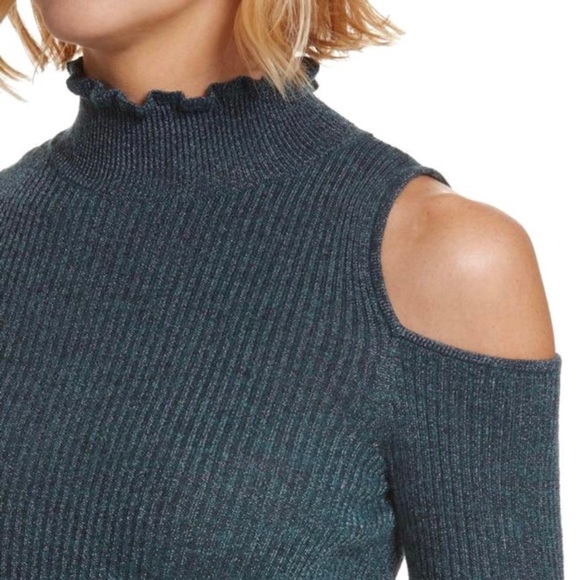 REBECCA TAYLOR METALLIC GREEN COLD-SHOULDER TOP - Picture 3 of 7